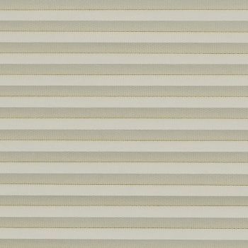 Horizontal pleated window blind, beige alternating light-and-dark fabric slats across full frame; fully closed, subtly filtering light; neutral indoor setting with soft, even ambient light, no visible view.