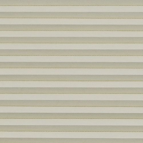 Horizontal pleated window blind, beige alternating light-and-dark fabric slats across full frame; fully closed, subtly filtering light; neutral indoor setting with soft, even ambient light, no visible view.
