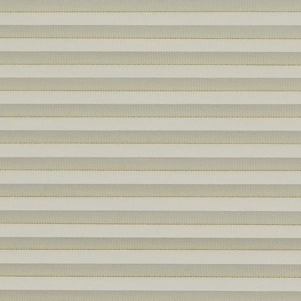 Horizontal pleated window blind, beige alternating light-and-dark fabric slats across full frame; fully closed, subtly filtering light; neutral indoor setting with soft, even ambient light, no visible view.