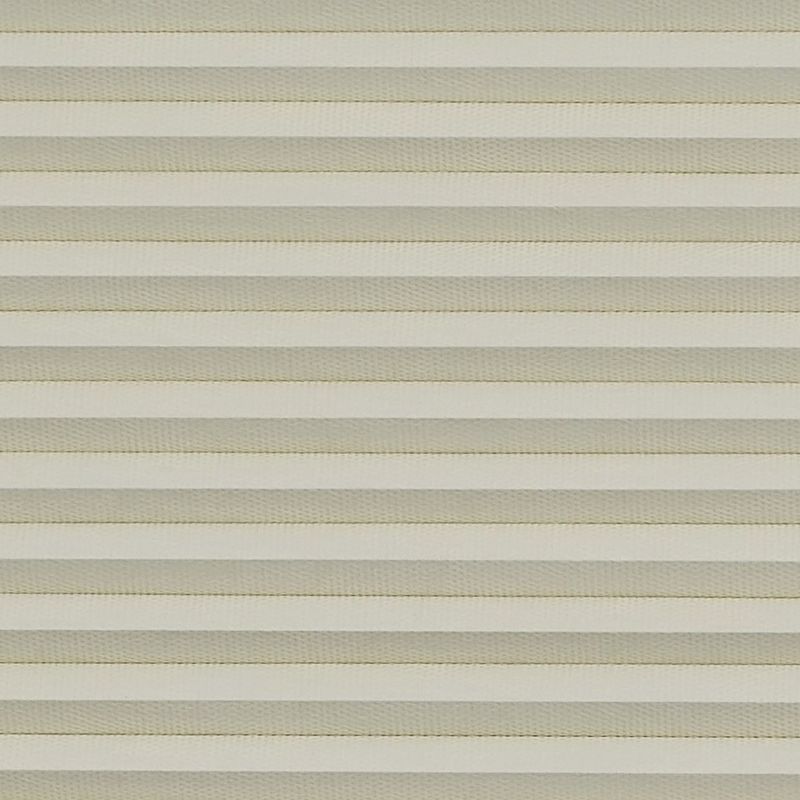 Horizontal pleated window blind, beige alternating light-and-dark fabric slats across full frame; fully closed, subtly filtering light; neutral indoor setting with soft, even ambient light, no visible view.