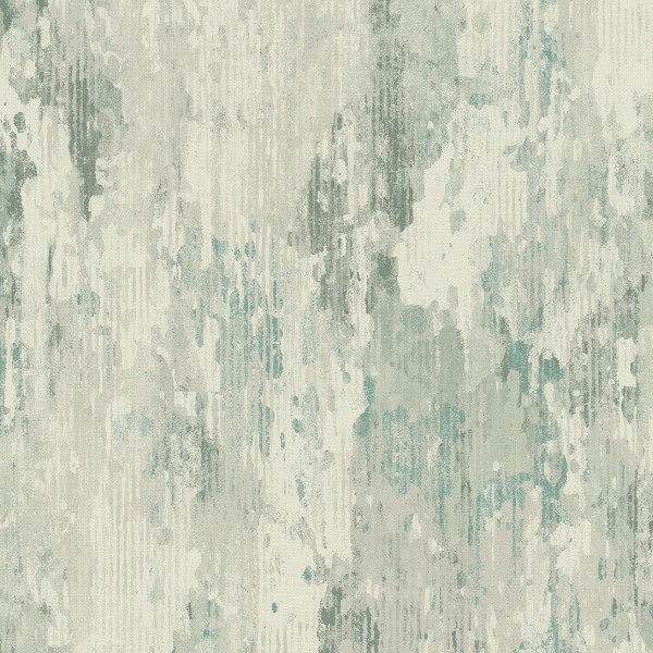Distressed abstract wall pattern displays vertical streaks and irregular splotches across a subtle teal, gray, and beige field, resembling weathered plaster or washed paint on a wall.