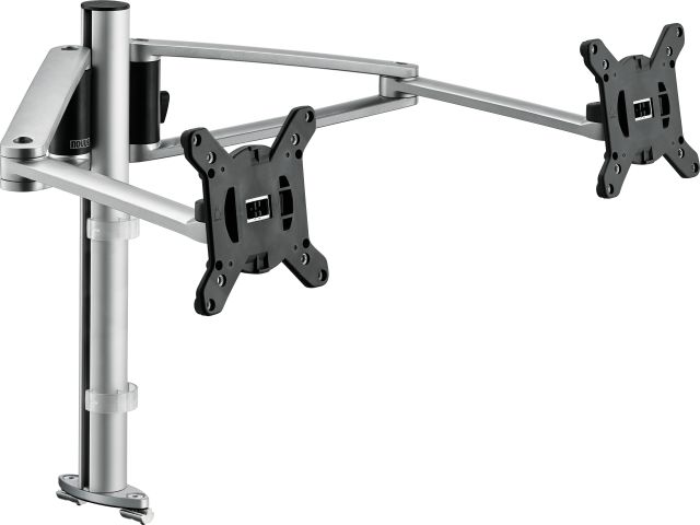 A dual monitor arm set with a system rail for comfortable display of two monitors.