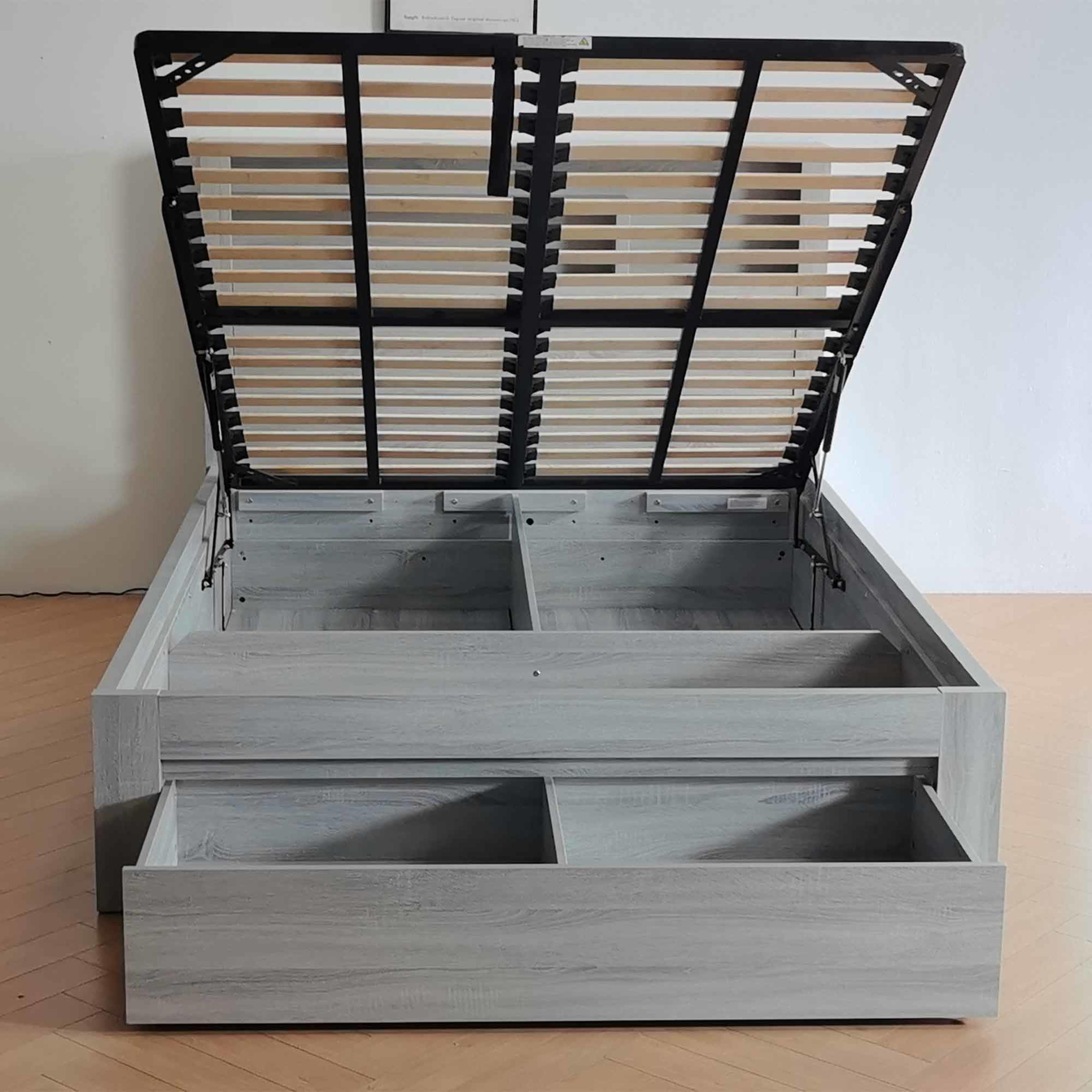 Lifestyle image of the  Bellevue Bed Frame, Front Slat Gas Lift & End Drawer Base, Cement Grey from Forty Winks