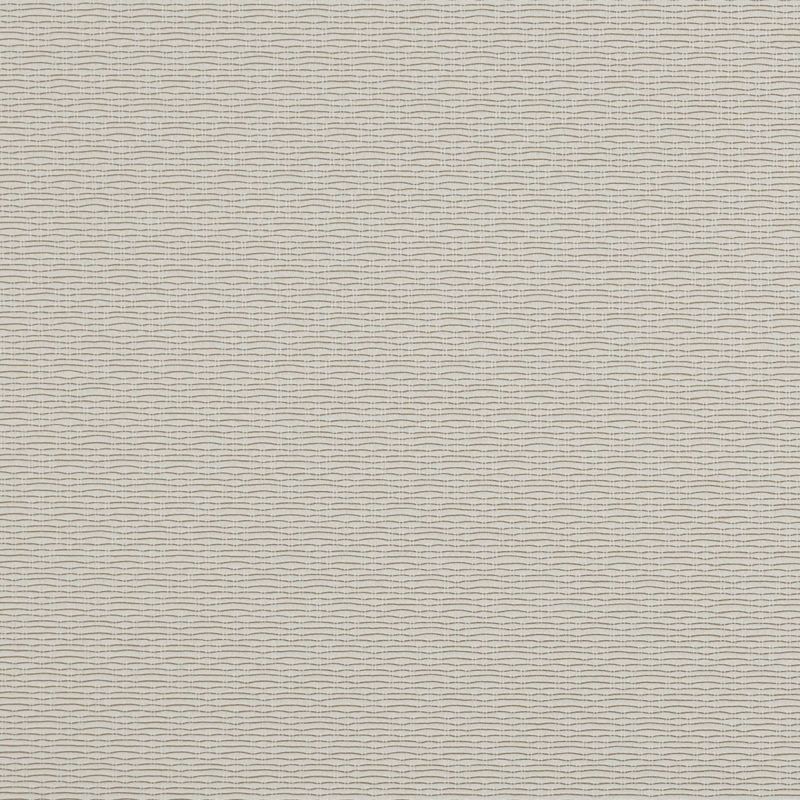 Cream wallpaper with fine horizontal wavy dashed lines, covering a wall in a subtle repeating pattern, shown close-up under soft, even lighting.