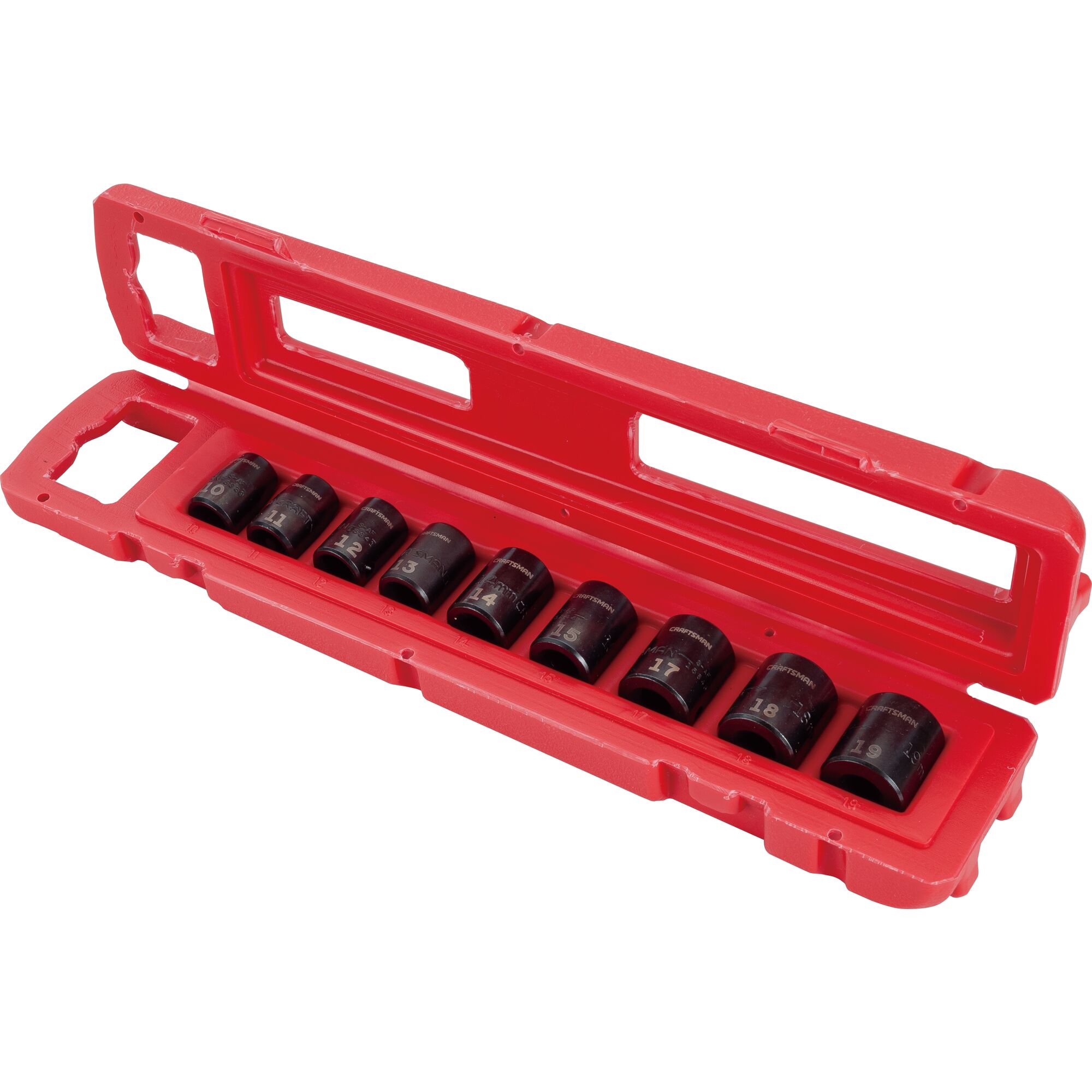 9 piece 3 eighths inch metric impact socket set and box.