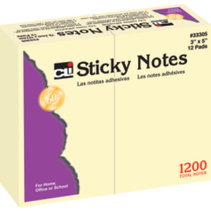 Sticky Notes, 3" x 5", Plain, Yellow, 12 Pads