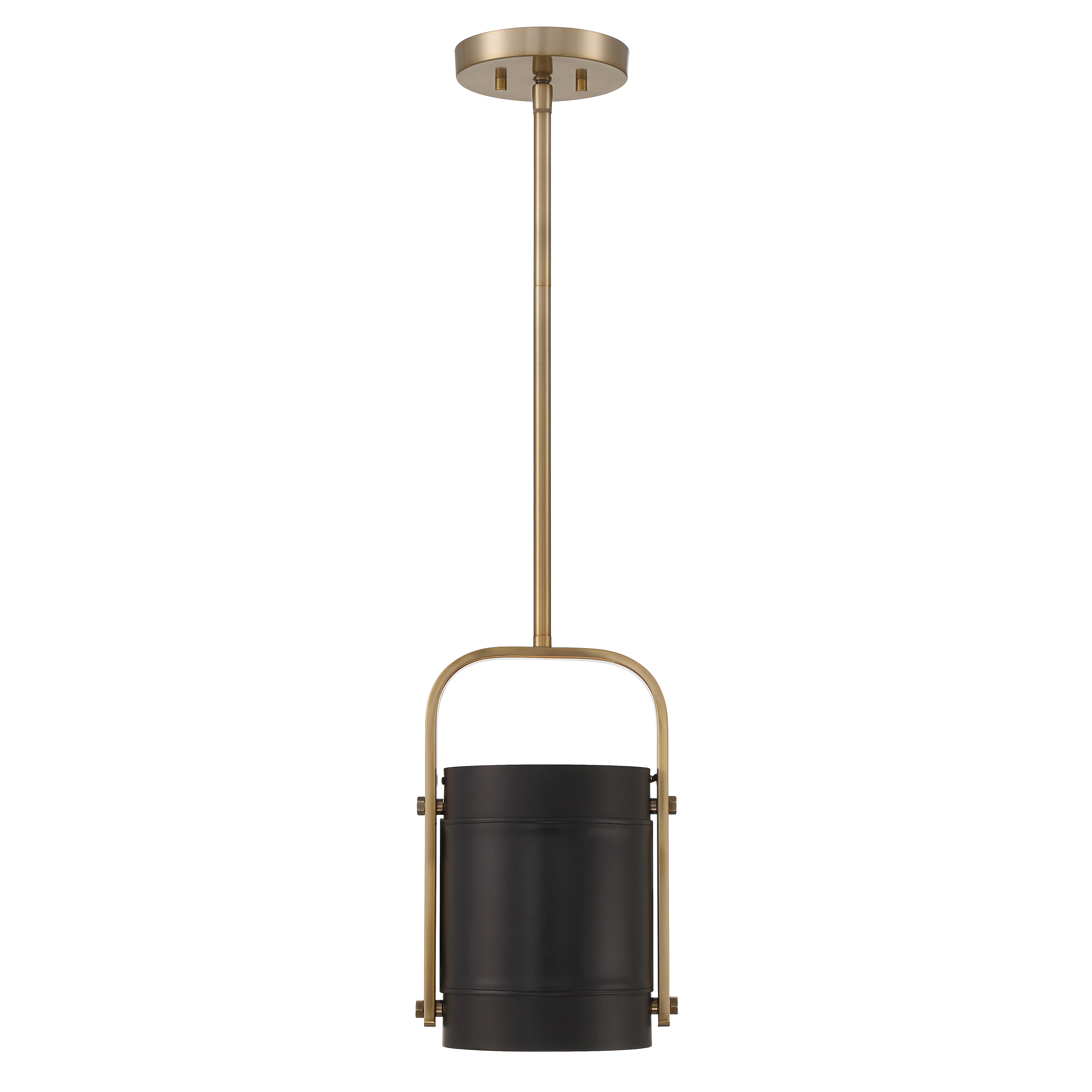 The Contrast mini pendant showcases artisanal leather wrapped around aged brass, creating a refined focal point. Its compact 8.75-inch width makes it perfect for intimate spaces or grouped installations over islands. - alternate view