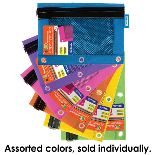 Pencil Pouch 3-Ring with Mesh Window  (Bright assorted colors)