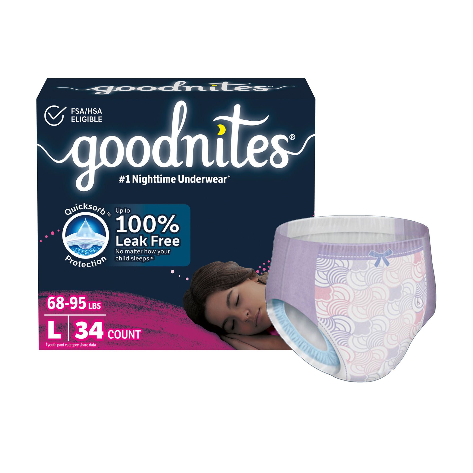Goodnites® Heavy Absorbency Nighttime Underwear, Large for Girls 68 – 95 lbs.