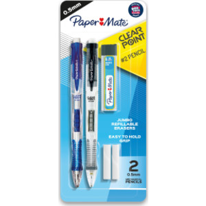 Paper Mate&reg; Clearpoint&reg; Mechanical Pencils, HB #2 Lead (0.5mm), Assorted Barrel Colors, 2 Pencils, 1 Lead Refill Set, 2 Erasers