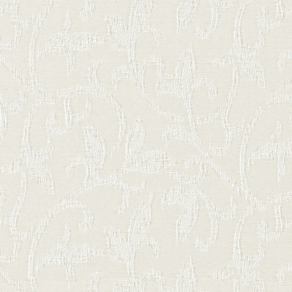 Cream textured fabric displaying subtle raised vine-like scroll pattern across a neutral background; close-up view reveals woven threads and a soft, monochromatic embossed design.