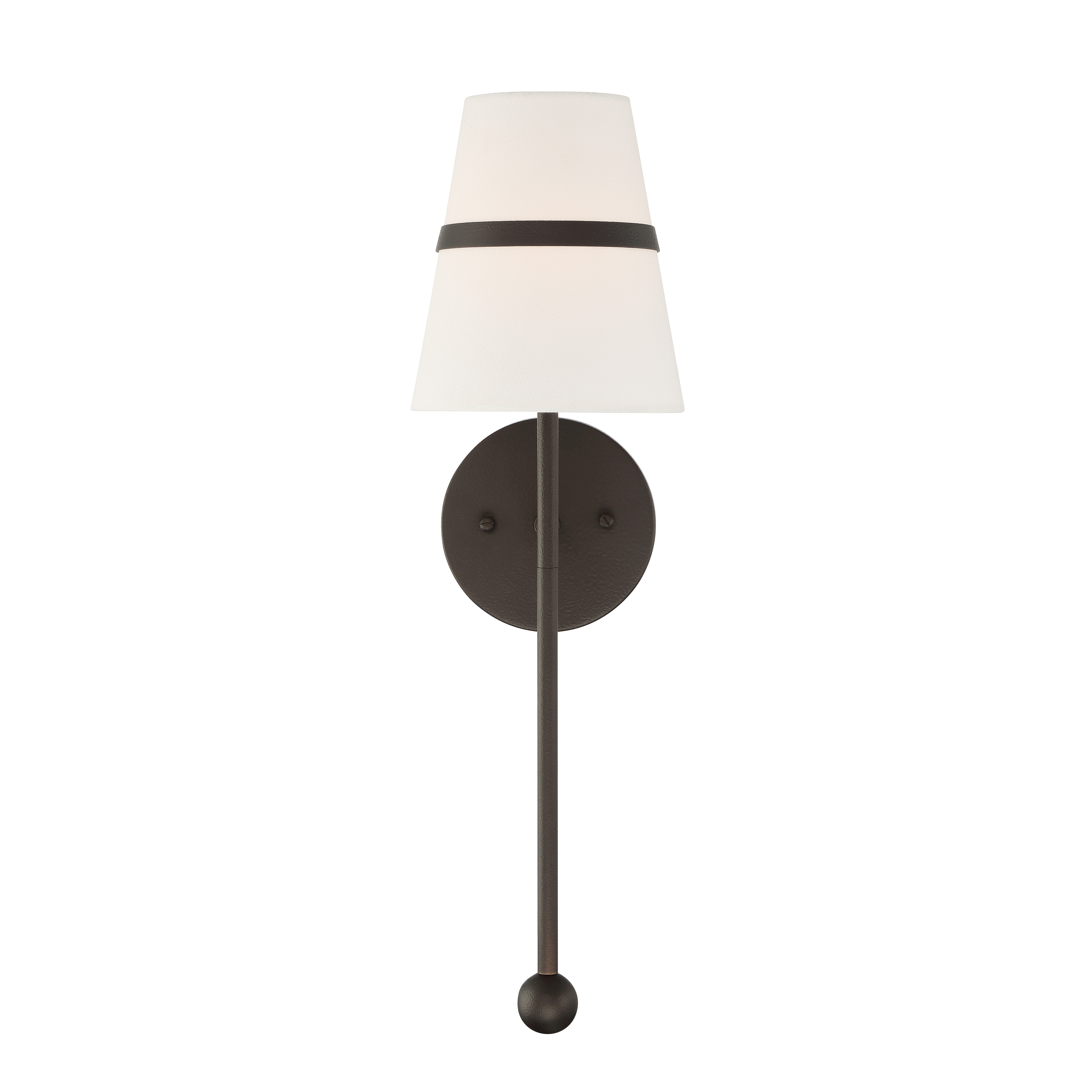 The Althia wall sconce combines textured dark bronze metalwork with a soft white linen shade, creating warm ambient lighting perfect for intimate spaces. Its 20-inch height provides substantial presence without overwhelming. - alternate view