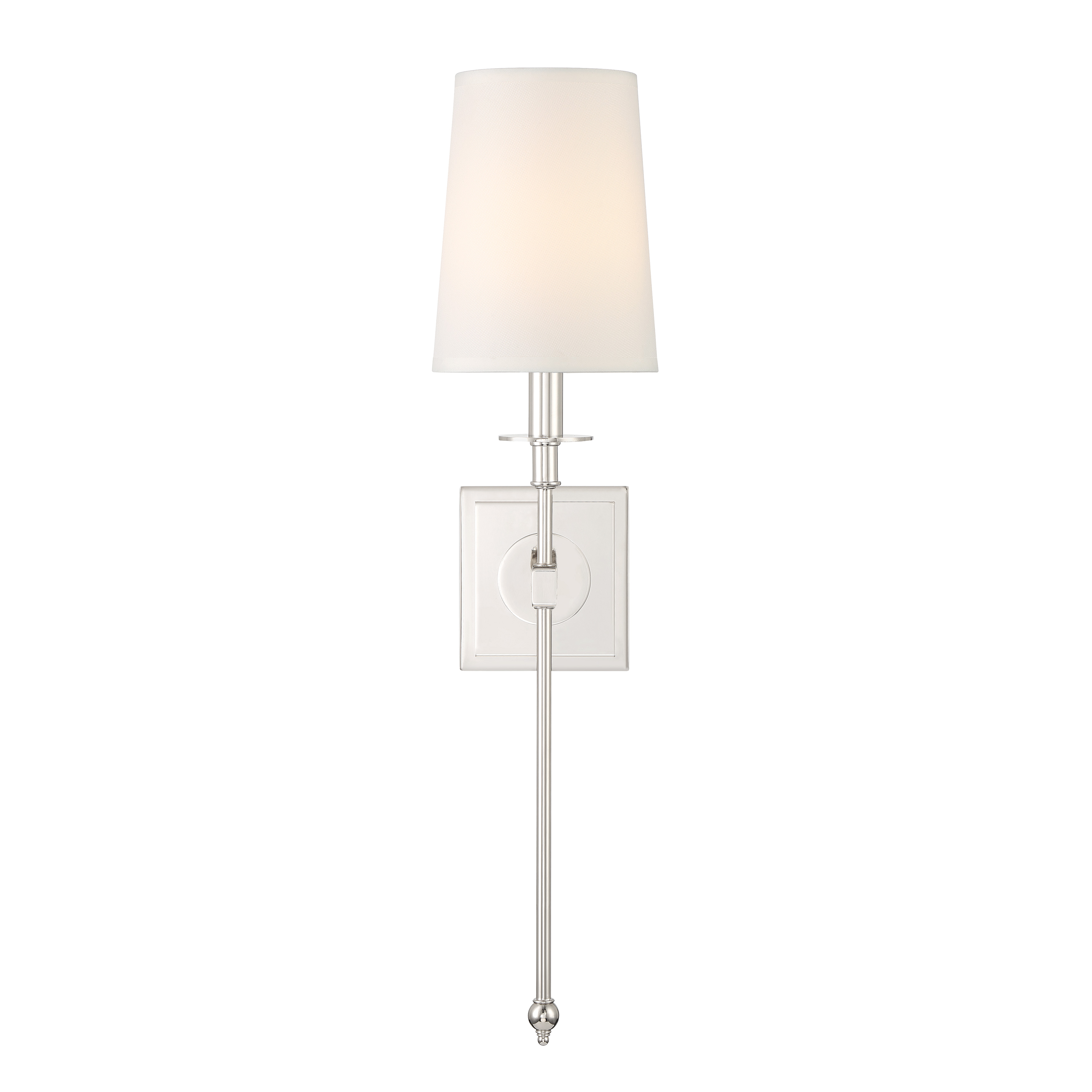 The Calera wall sconce combines timeless transitional design with a polished nickel finish and soft white fabric shade. Its compact 5.5" width makes it ideal for smaller spaces while the 23" height provides substantial presence. - alternate view
