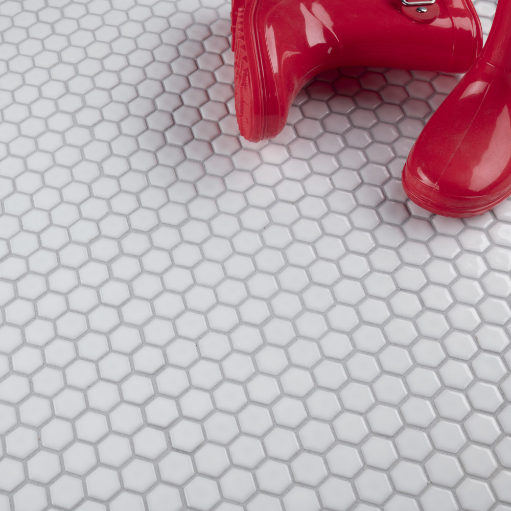 Colmena Hex Glossy White 11.5x11.63 Hexagon Porcelain Floor and Wall Digital Pattern