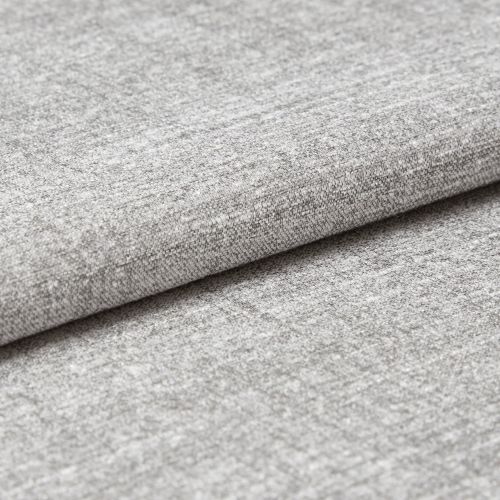 Gray woven upholstery fabric folded in a neat horizontal overlap, revealing a textured weave and soft pile; close-up studio view with even, diffuse lighting and a neutral background.