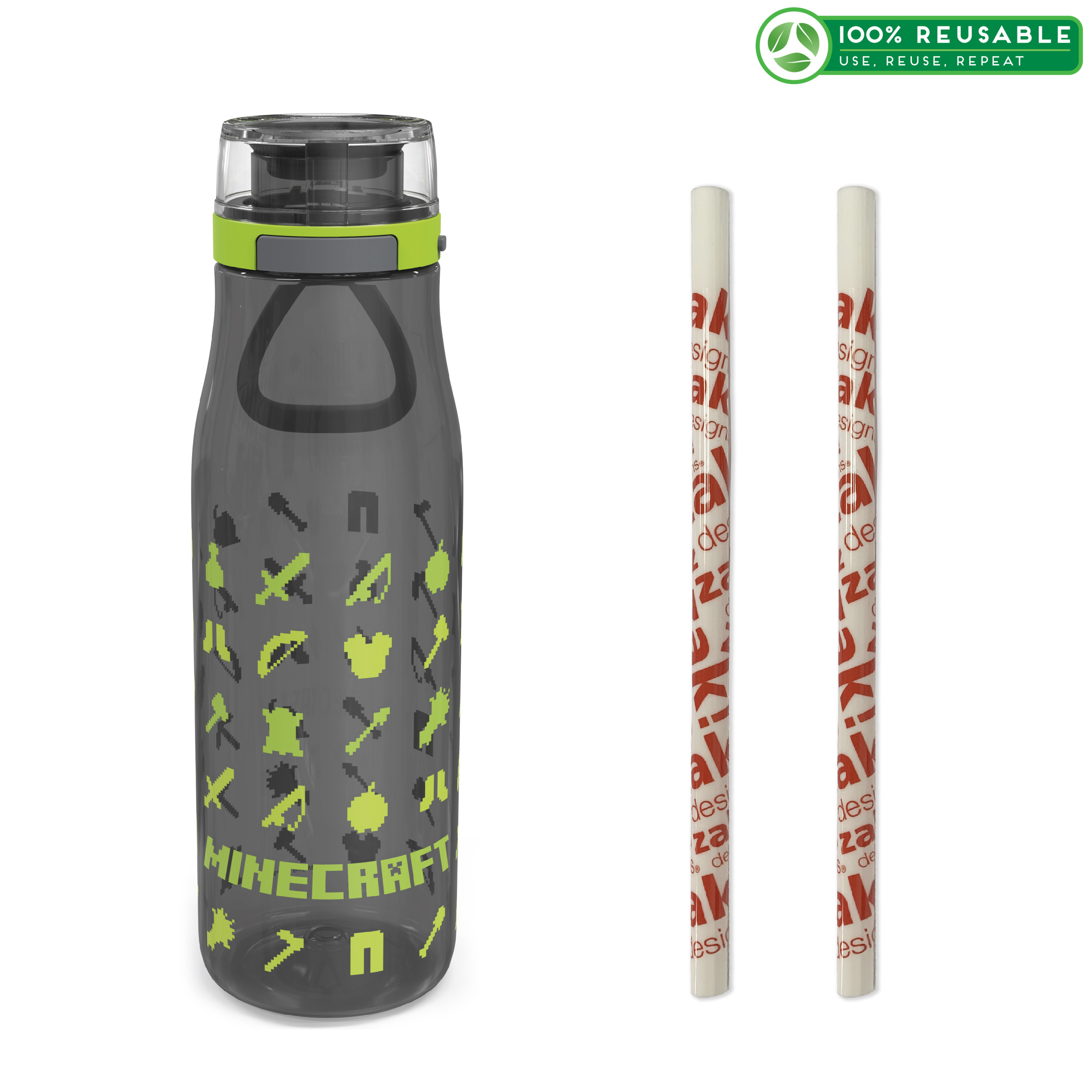 Minecraft 25 ounce Water Bottle and Straws, Weapons and Tools, 3-piece set slideshow image 1 Minecraft 25 ounce Water Bottle and Straws, Weapons and Tools, 3-piece set slideshow image 1