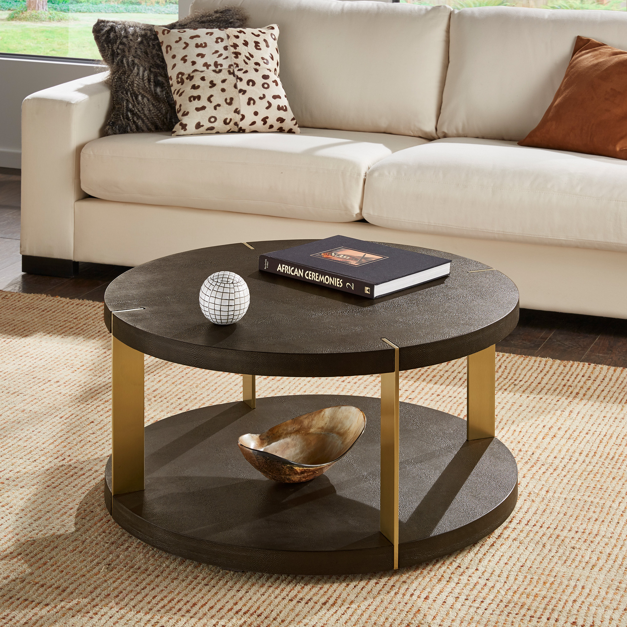 Gold Finish Metal Dark Brown Faux Shagreen Round Table