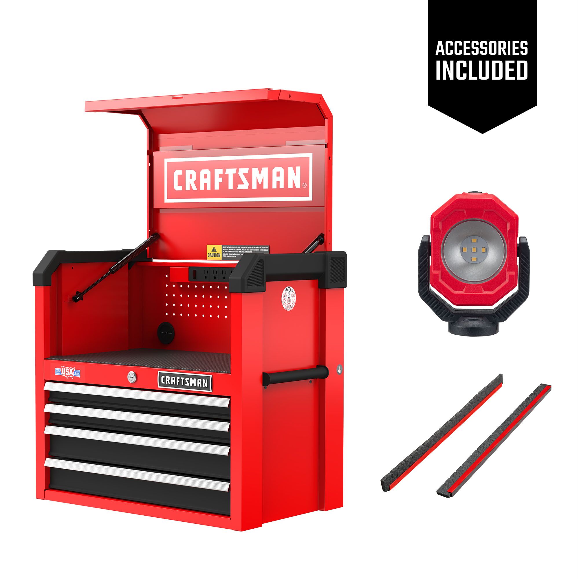 One red CRAFTSMAN 26 inch Wide 4-Drawer Tool Chest with one Pivot Light and two Magnetic Drawer Dividers included