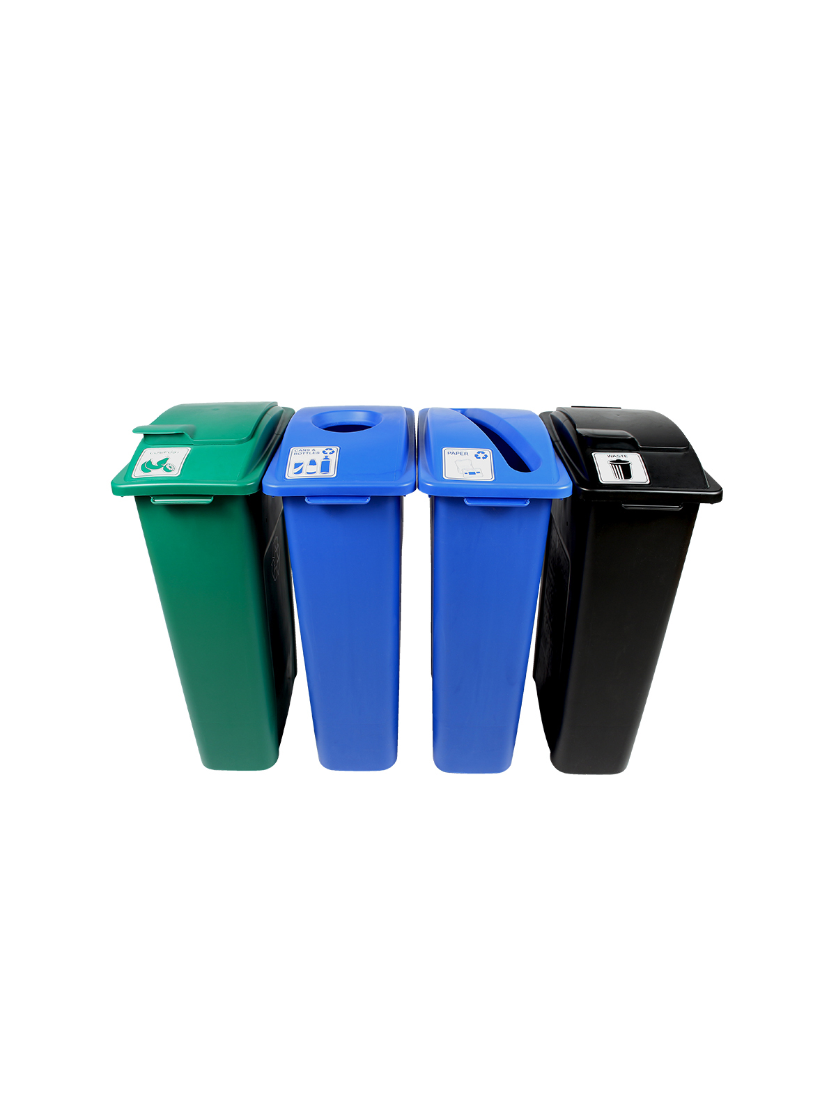 WASTE WATCHER – Quad – Kit – Cans & Bottles-Paper-Compost-Waste – Circle-Slot-Solid Lift-Solid Lift – Blue-Blue-Green-Black