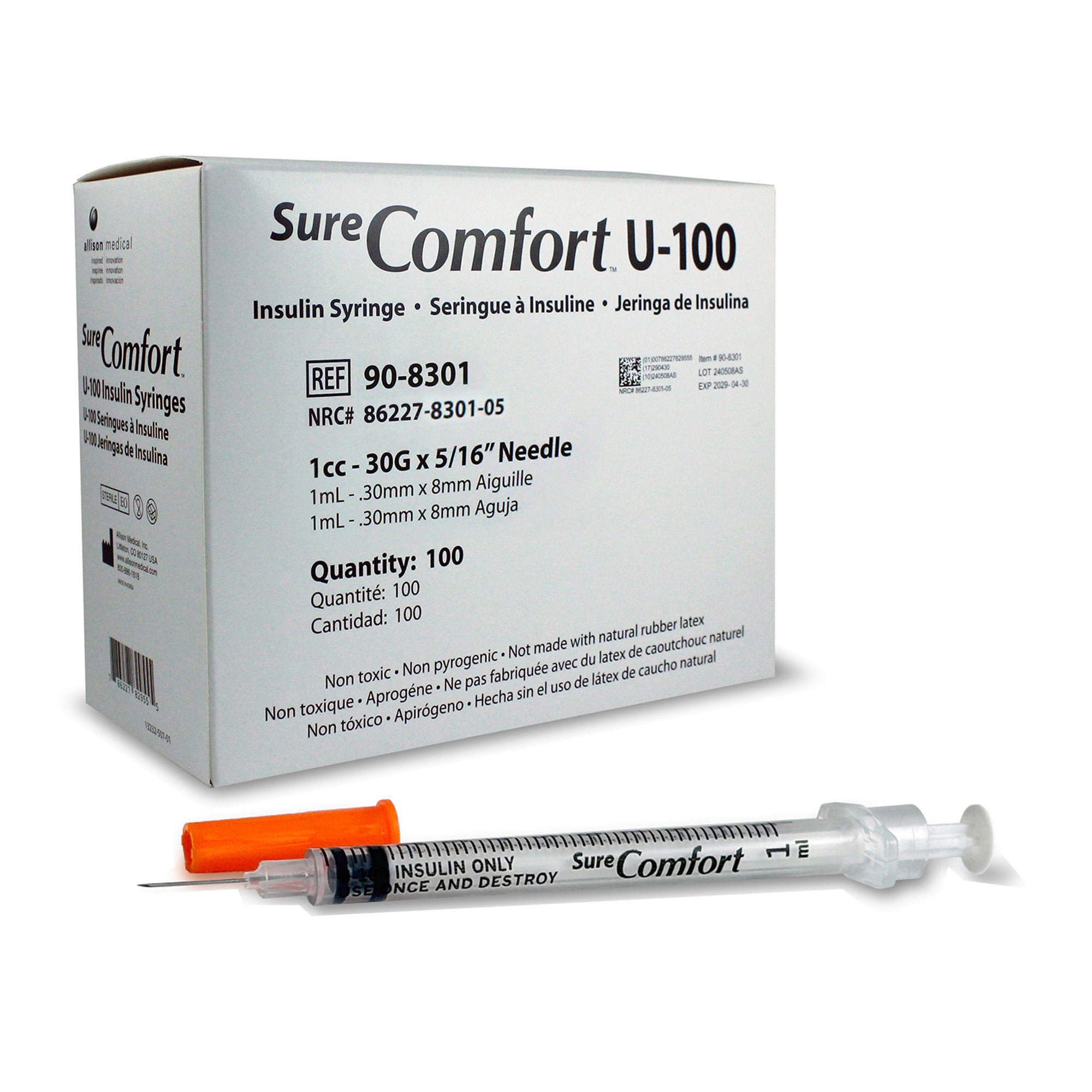 Allison Medical Inc SYRINGE, INSULIN HYPODRM SURE CMFRT 1ML 30GX5/16" (5BX/CS)