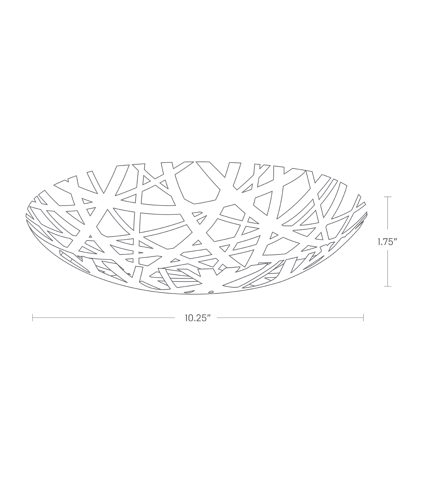 Dimenision image for Fruit Bowlon a white background showing total width and length of 10.25 inches, height of 1.75 inches.