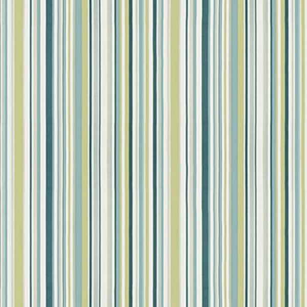 Vertical fabric curtain, tightly closed, displaying alternating thin and wide teal, aqua, lime, beige and white stripes; close-up, evenly lit interior view emphasizing the patterned textile.