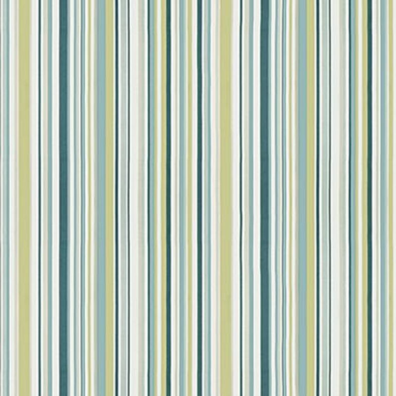 Vertical fabric curtain, tightly closed, displaying alternating thin and wide teal, aqua, lime, beige and white stripes; close-up, evenly lit interior view emphasizing the patterned textile.