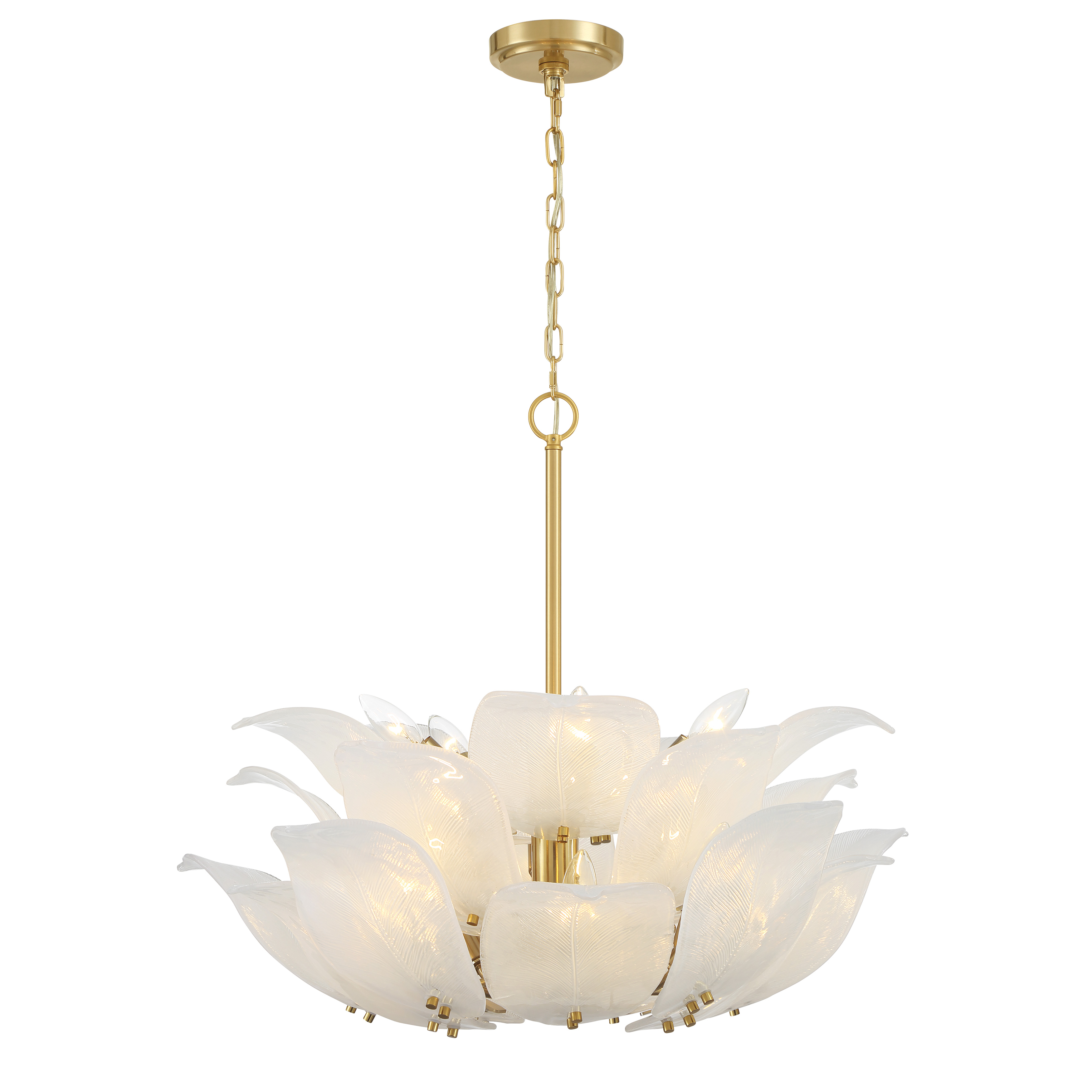 The Orchid pendant combines traditional craftsmanship with transitional design, featuring 10 handmade white glass shades in a warm Legacy Brass finish. Its substantial 29-inch width makes a statement in dining rooms and foyers. - alternate view