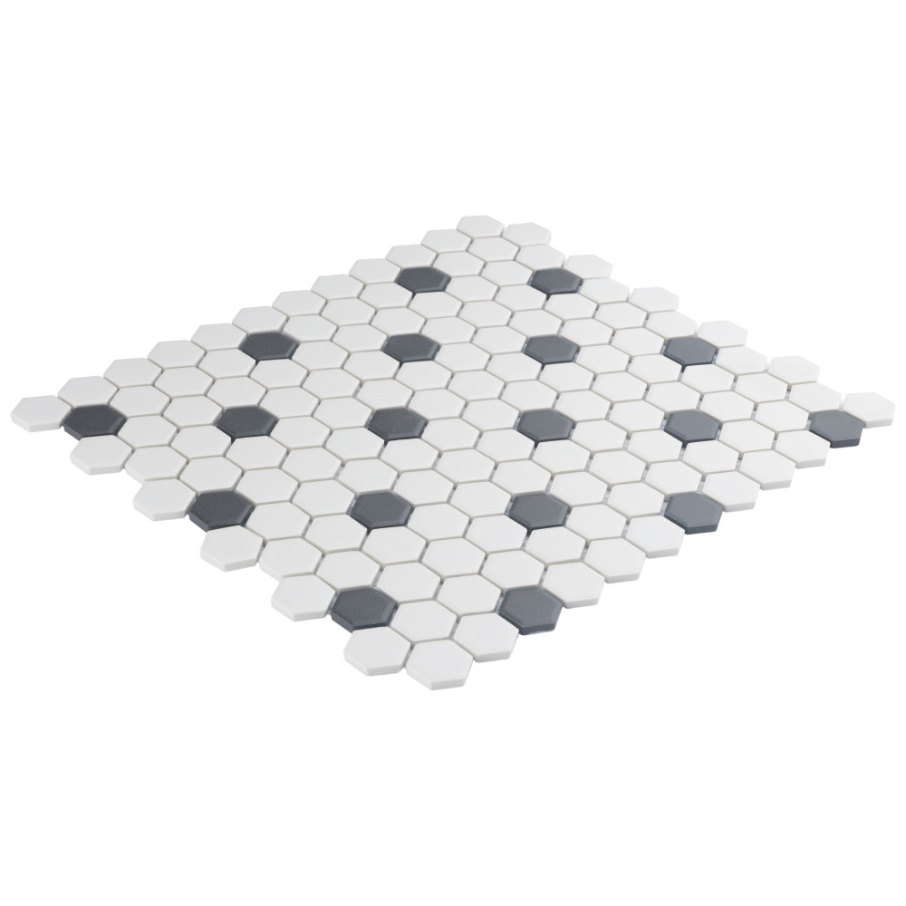 Sample – Gotham 1″ Hex White w/ Black Dot Porcelain Mosaic Tile
