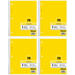 1-Subject Spiral Notebooks, Wide Ruled, 70 Count, Yellow, 4-Pack