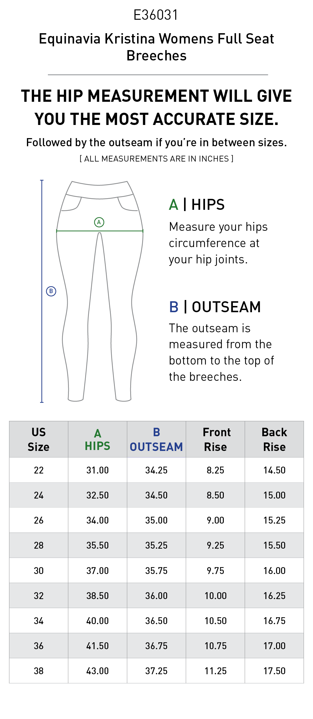 Size chart for Equinavia Kristina Womens Full Seat Breeches - Light Olive