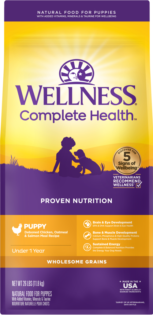 Wellness Complete Health Grained Puppy Chicken, Salmon & Oatmeal Front packaging