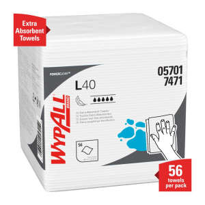 KIM05701, Kimberly Clark, WypAll Power Clean L40 Extra Absorbent, 1/4 Fold, 1 ply, 12.00"x12.25", Double Recreped (DRC), General Purpose Wipers, White