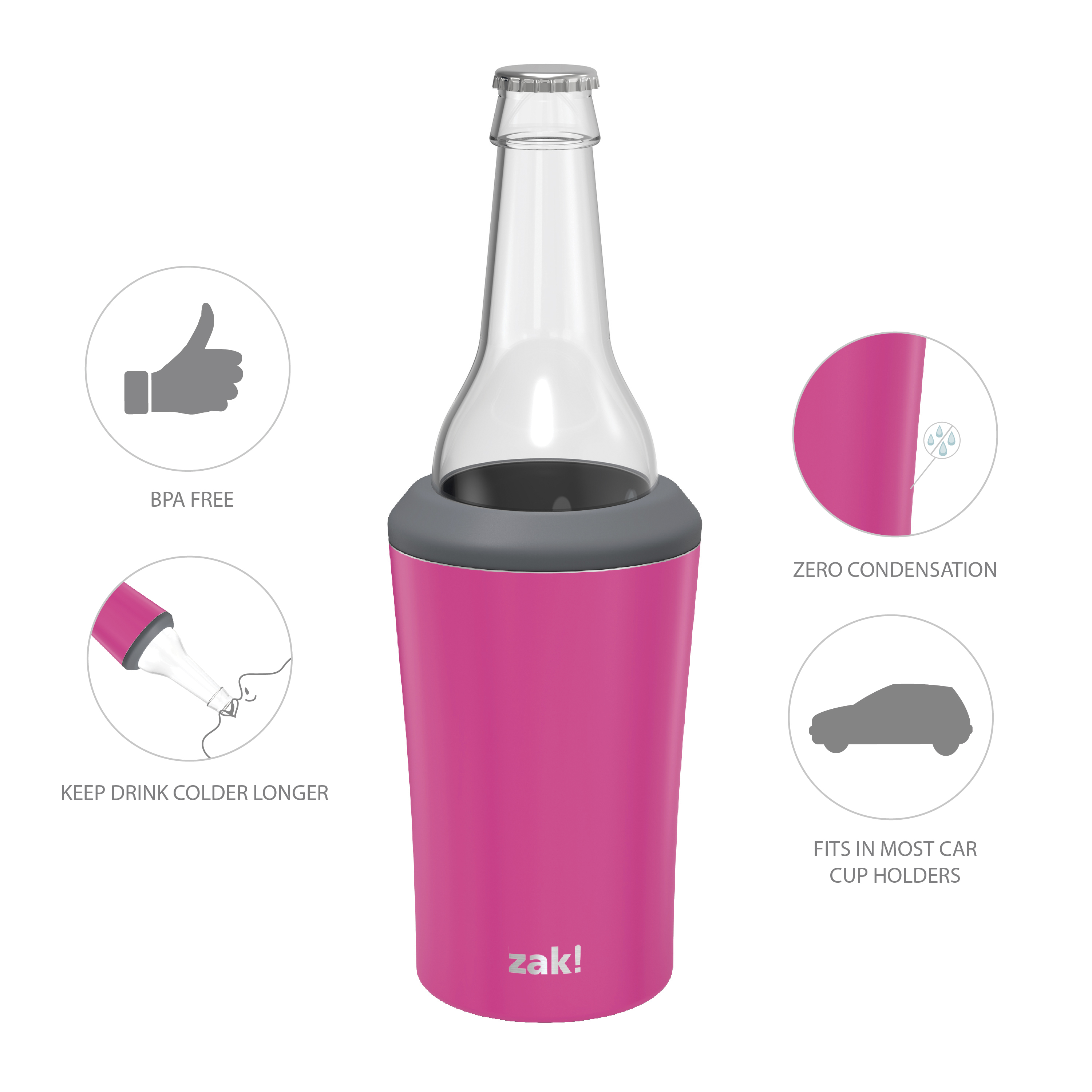 Zak Hydration 12 ounce Double Wall Stainless Steel Can and Bottle Cooler with Vacuum Insulation, Raspberry slideshow image 10