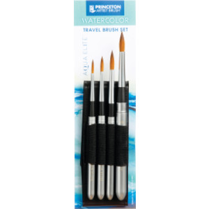 Aqua Elite Brush Travel Set, Synthetic Bristles, Short Handle Watercolor Paintbrush, Matte Black, 4 Pieces