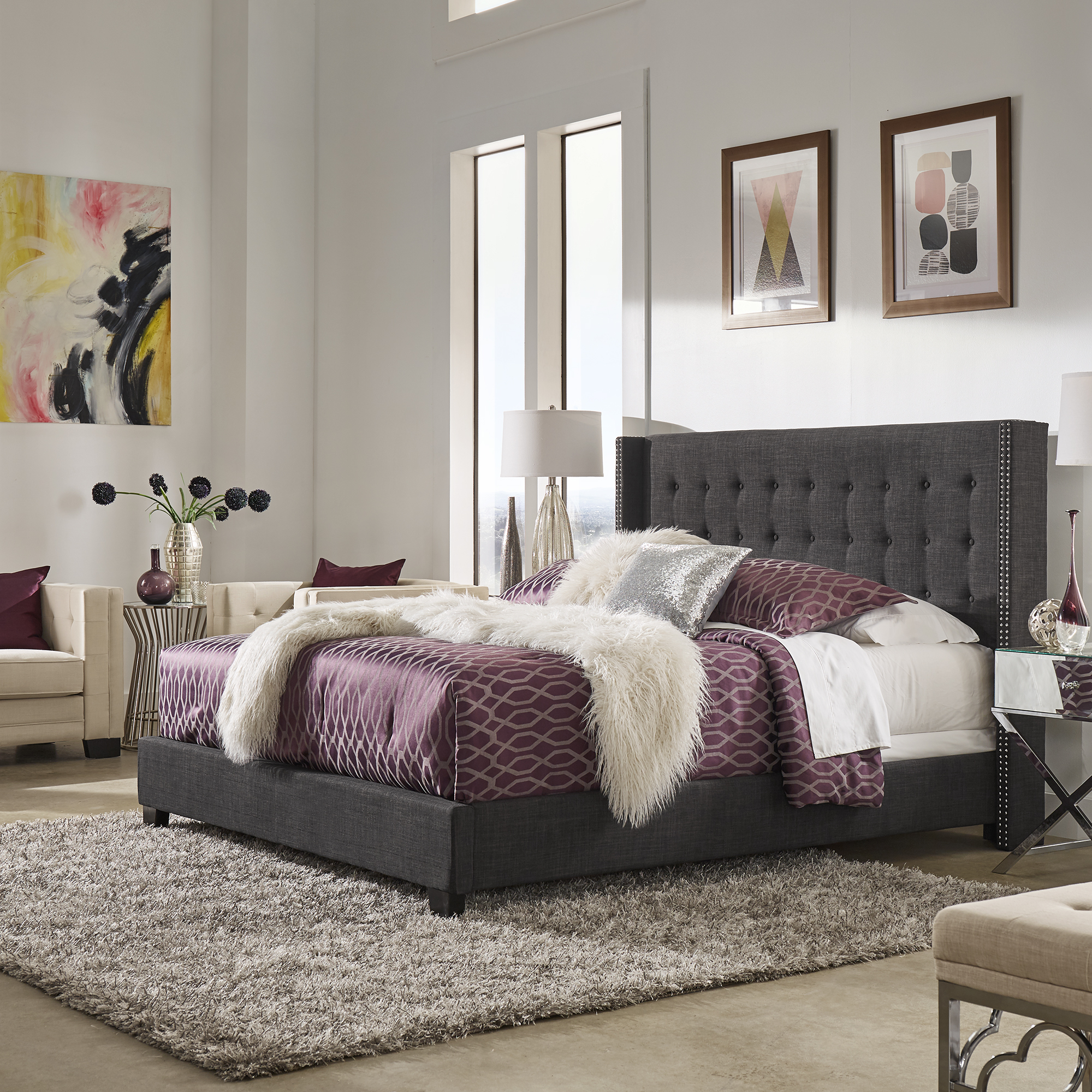 Tufted Linen Wingback Bed