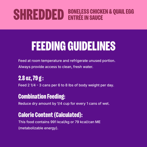 <p>Feed according to the age, size, and activity of your cat. Feed at room temperature and refrigerate unused portion. Always provide access to clean, fresh water. 									</p>
<p>Feed 2 1/2 – 3 cans per 6 to 8 lbs of body weight per day.<br />
Combination Feeding: Reduce dry amount by 1/4 cup for every 1 can of wet.									</p>
