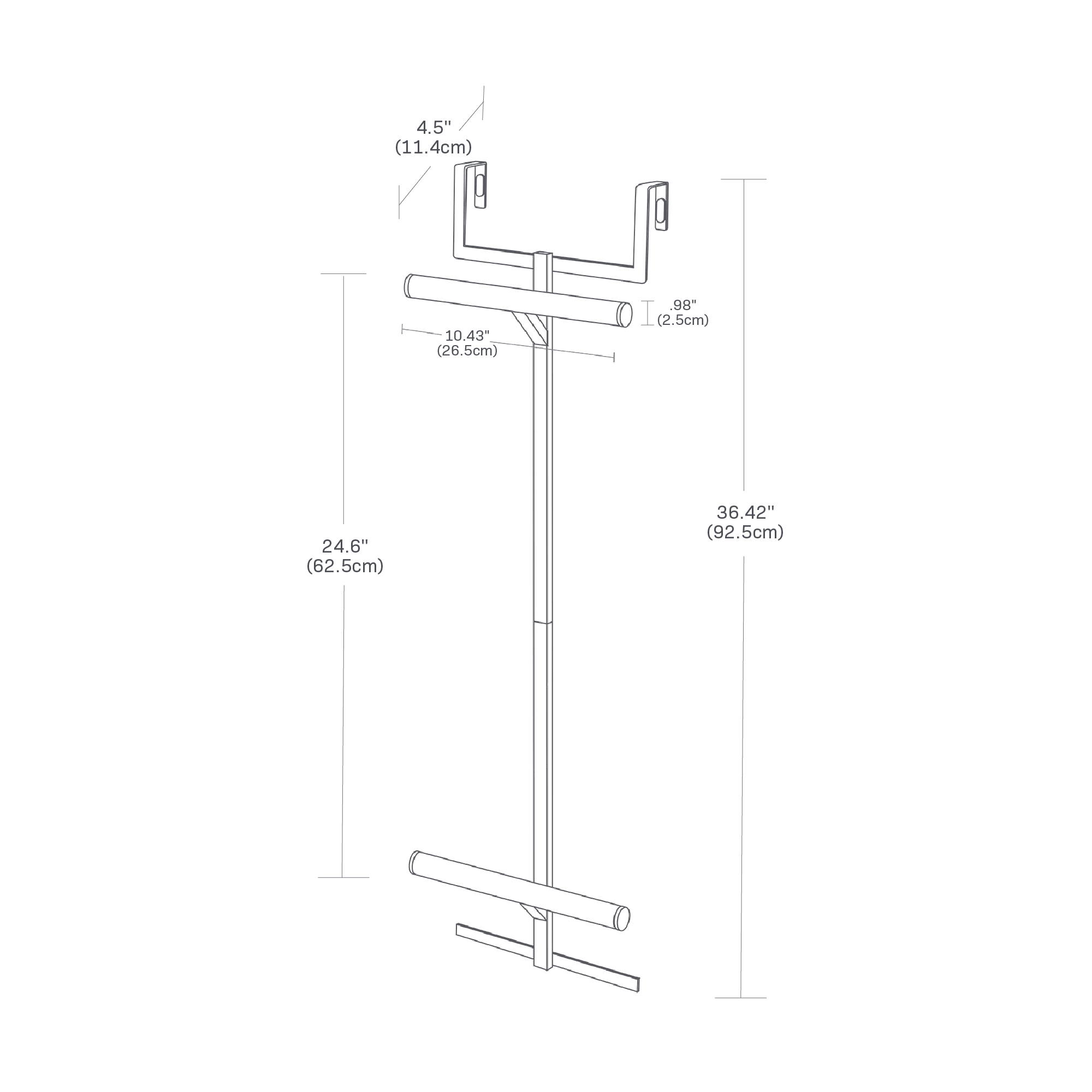 Dimension image for Over-the-Door Backpack Hanger on a white background with a total height of 36.42