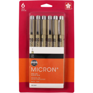 Pigma Micron Pens, Black, Size 03, 6-Pack, Blister Card