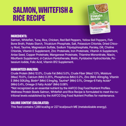 <p>Salmon, Whitefish, Tuna, Rice, Chicken, Red Bell Peppers, Yellow Bell Peppers, Fish Bone Broth, Potato Starch, Tricalcium Phosphate, Salt, Potassium Chloride, Dried Chicory Root, Taurine, Magnesium Sulfate, Sodium Tripolyphosphate, Parsley, Dill, Choline Chloride, Vitamin E Supplement, Zinc Proteinate, Iron Proteinate, Vitamin A Supplement, Anise Seed, Copper Proteinate, Manganese Proteinate, Thiamine Mononitrate, Niacin, Riboflavin Supplement, d-Calcium Pantothenate, Biotin, Pyridoxine Hydrochloride, Potassium Iodide, Folic Acid, Vitamin B12 Supplement.</p>
