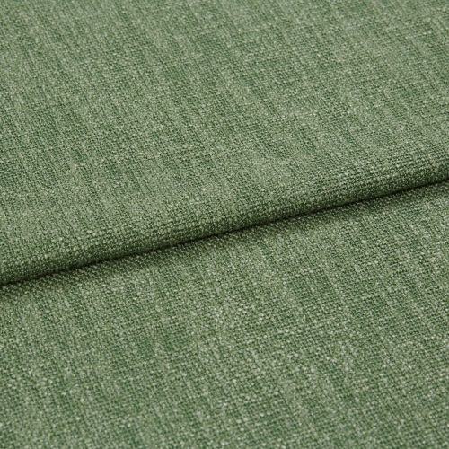 Green woven upholstery fabric, folded with an overlapping edge across the center; textured loop-and-yarn weave; close-up studio shot with soft, even lighting on a neutral background.