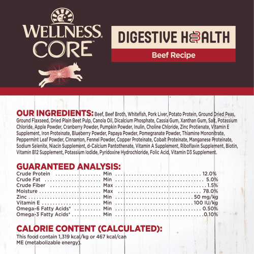 <p>Beef, Beef Broth, Whitefish, Pork Liver, Potato Protein, Dried Ground Peas, Ground Flaxseed, Dried Plain Beet Pulp, Cassia Gum, Xanthan Gum, Dicalcium Phosphate, Fish Oil (Preserved With Mixed Tocopherols), Sunflower Oil, Salt, Potassium Chloride, Apple Powder, Cranberry Powder, Pumpkin Powder, Dried Chicory Root, Choline Chloride, Zinc Proteinate, Vitamin E Supplement, Iron Proteinate, Blueberry Powder, Papaya Powder, Pomegranate Powder, Thiamine Mononitrate, Peppermint Leaf Powder, Cinnamon, Fennel Powder, Copper Proteinate, Cobalt Proteinate, Manganese Proteinate, Sodium Selenite, Niacin Supplement, d-Calcium Pantothenate, Vitamin A Supplement, Riboflavin Supplement, Biotin, Vitamin B12 Supplement, Potassium Iodide, Pyridoxine Hydrochloride, Folic Acid, Vitamin D3 Supplement.</p>
