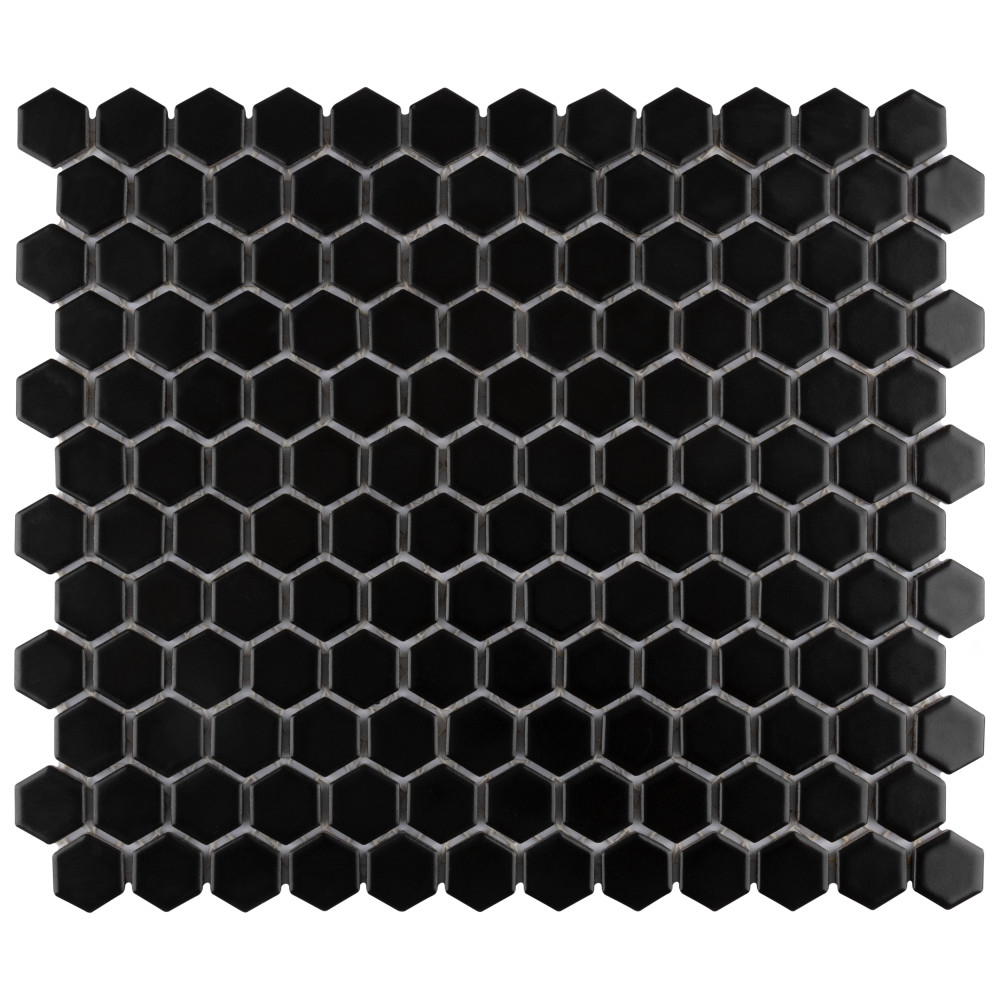 Sample – Metro 1″ Hex Matte Black Porcelain Mosaic Tile