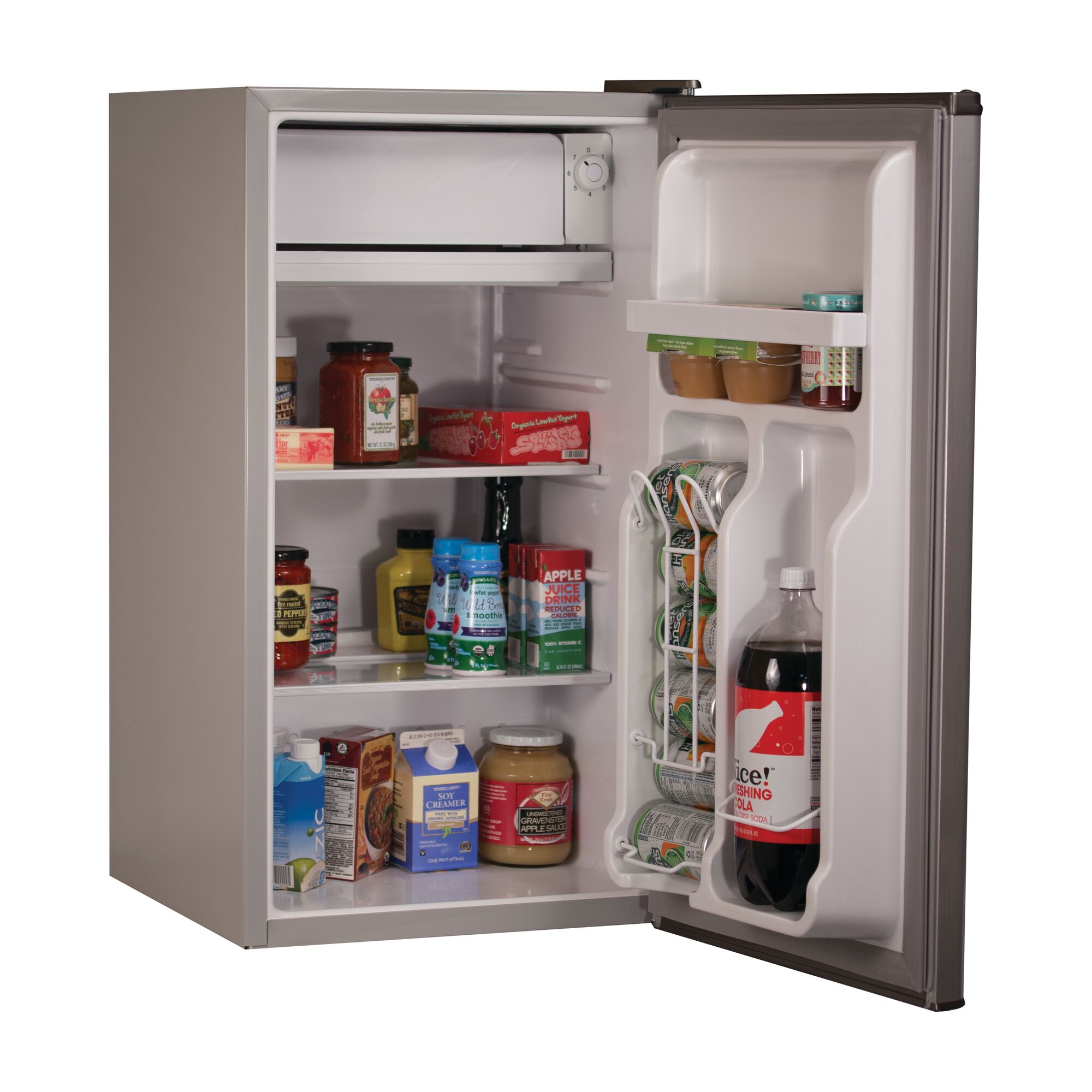 Profile of open 3.2 Cubic feet energy star refrigerator with freezer.