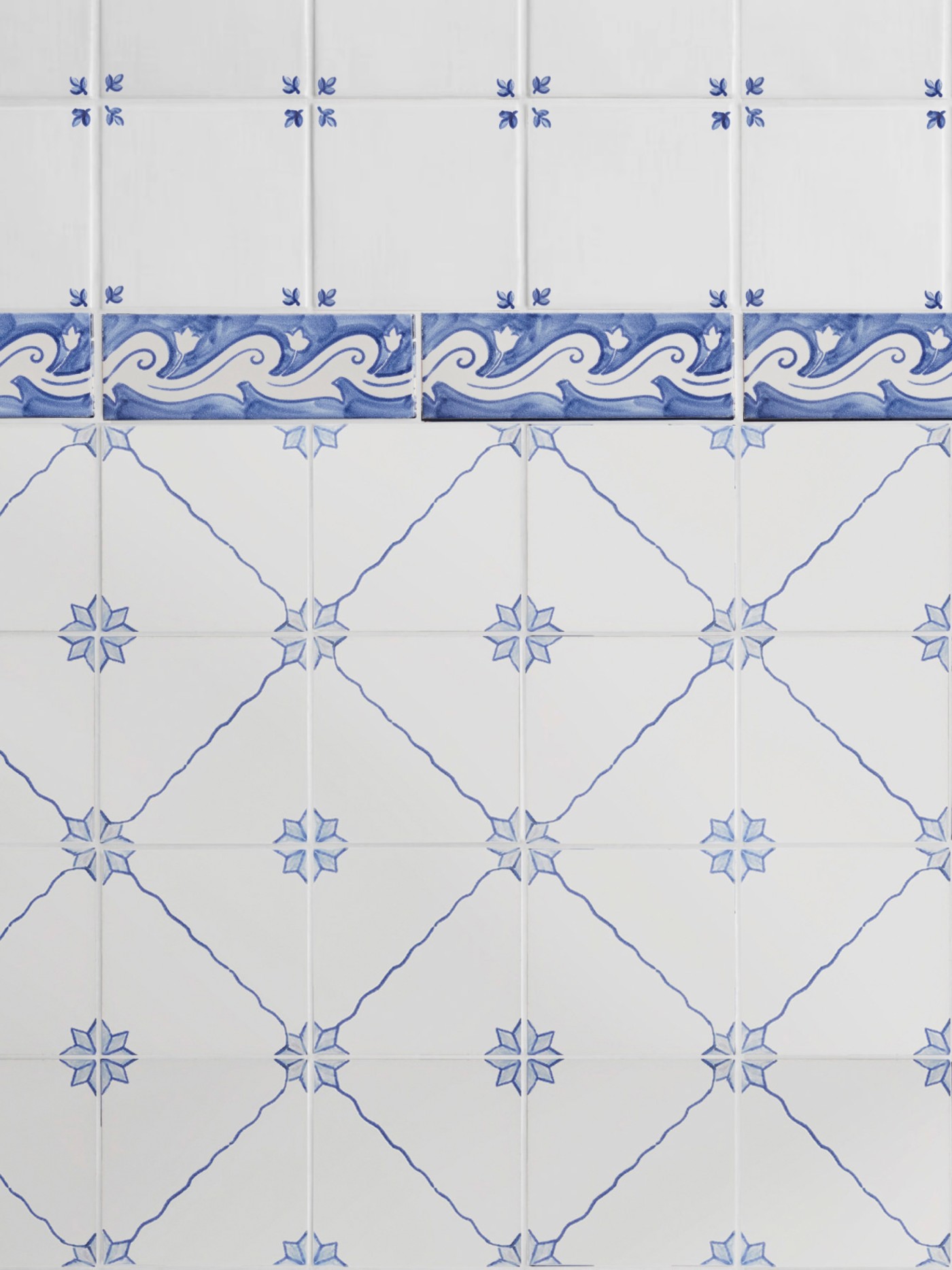 blue and white tiles with decorative designs.