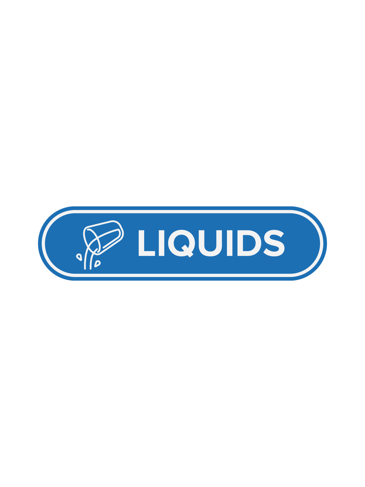 oval label with the word LIQUIDS on a blue background showing a cup pouring out water