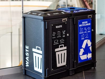 indoor double stream trash and recyclables container with large body signs for optimum collection quality