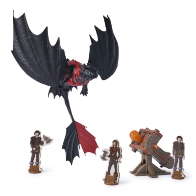 Dreamworks Dragons, Trial of Flame, Blazing Battles Toothless Cannon Blast Playset, Dragon Figure Playset with 3 Cardboard Viking Figures for Ages 4 and up