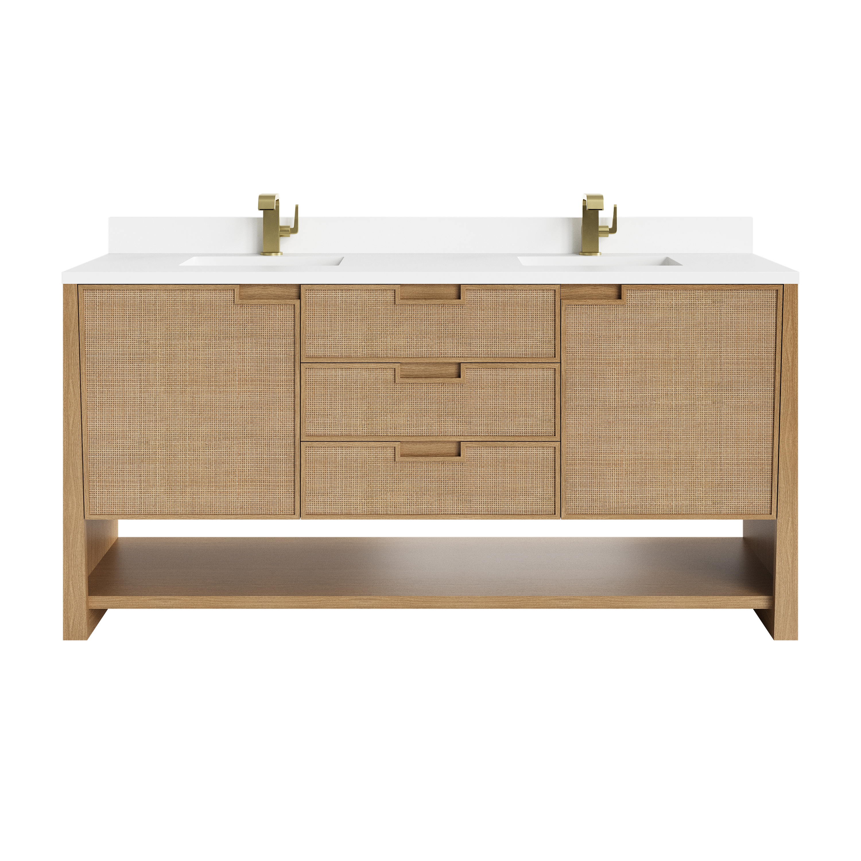 James Martin Vanities Solene 72" Double Vanity, Seaside Oak, w/ Single Hole 3 CM White Zeus Quartz Top & Backsplash