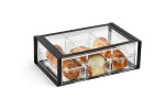 Cubic modular display bin with three ⅓-size drawers and black frame